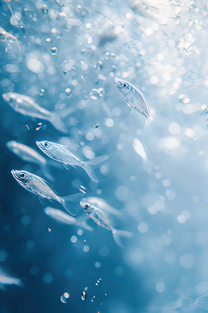Close up of small fish swimming underwater in blue water, abstract backgroundの素材