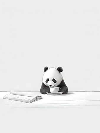 Panda reading a book on white background. 3D rendering.の素材