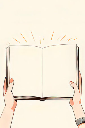 Illustration of hands holding an open book on a white background.の素材