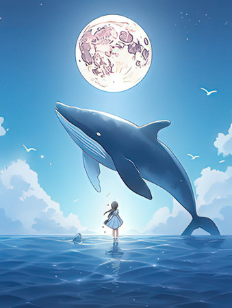 Little girl and a whale in the sea. Vector illustration of a little girl and a whale.の素材