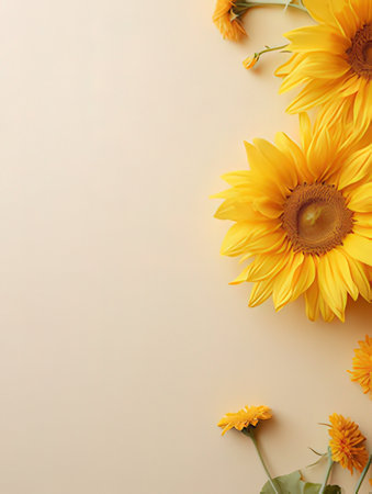 Beautiful sunflowers on beige background, space for textの素材