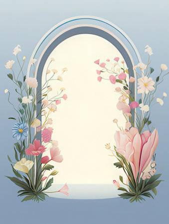 Illustration of a vintage arch with flowers and leaves on a blue backgroundの素材