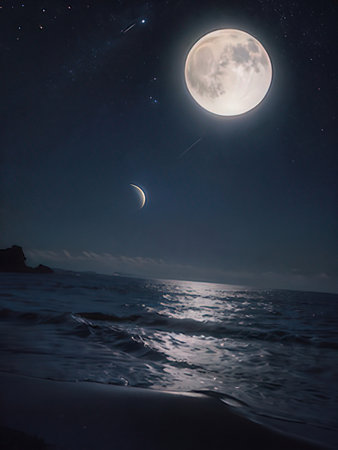 Moon over the sea in the night. Full moon in the night sky.の素材