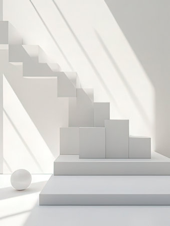 Minimalistic white background with stairs and balls. 3d renderの素材