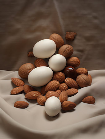 White eggs and almonds on a beige background. 3d renderingの素材