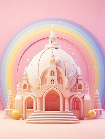 3d illustration of a beautiful building with a rainbow in the backgroundの素材