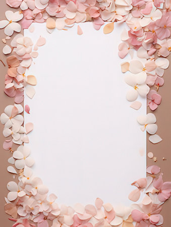 Blank paper with pink and white petals on beige backgroundの素材