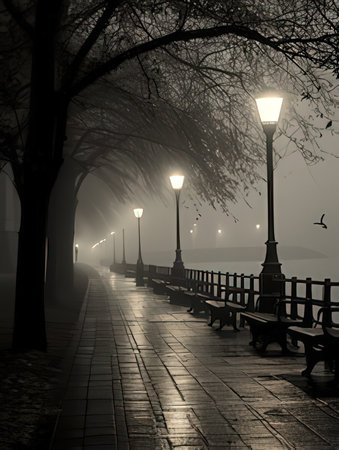 Lanterns in the foggy park at night, with a benchの素材