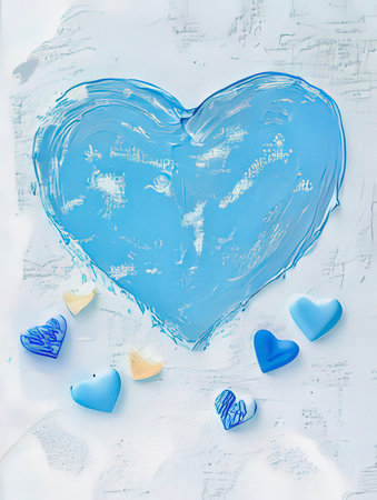 Blue heart on a white wooden background. Valentine's day greeting card.の素材