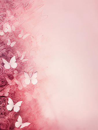 Abstract pink background with butterflies. Place for your text. Vector illustration.の素材