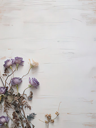 Elegant background with dried flowers. Flat lay, top view.の素材