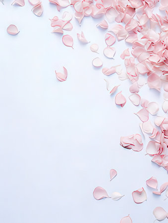 Pink rose petals on white background. Flat lay, top viewの素材