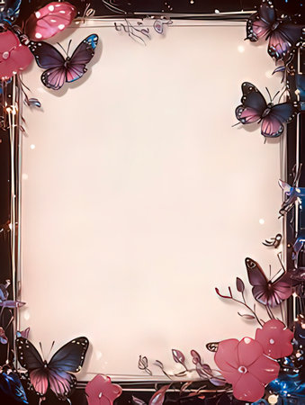 Grunge frame with butterflies and flowers on a white background.の素材