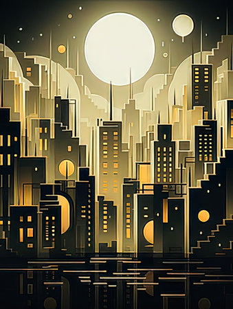 Night city with skyscrapers and full moon. Vector illustration.の素材