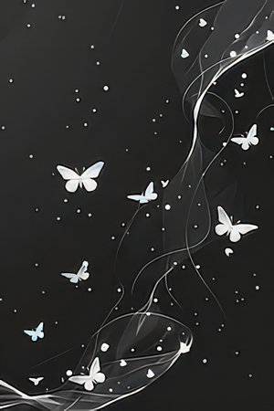 Butterflies and butterflies on a black background, abstract illustration.の素材