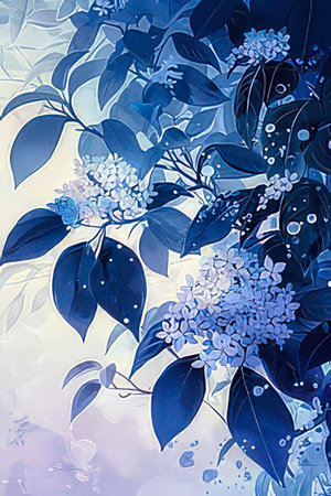 Watercolor painting of white and blue lilac flowers on a blue backgroundの素材