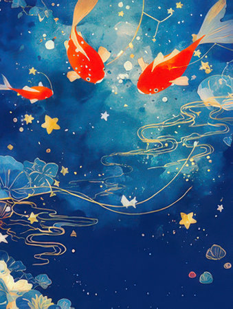 Watercolor illustration with goldfish and clouds on a blue background.の素材