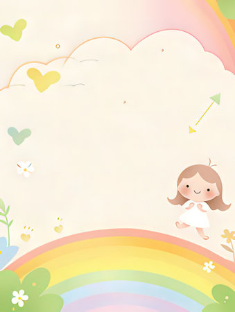 cute little girl on the rainbow background with copy space for textの素材