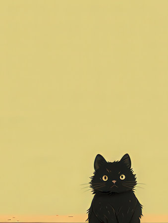 Black cat sitting on a yellow background with copy space for your textの素材