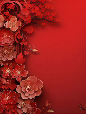 Paper cut flowers with butterfly on red background for Chinese New Year.の素材