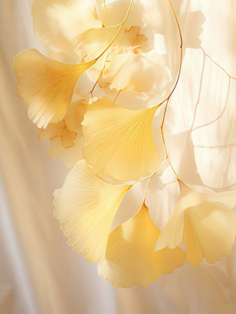 Yellow ginkgo leaves on white fabric background. Ginkgo leavesの素材
