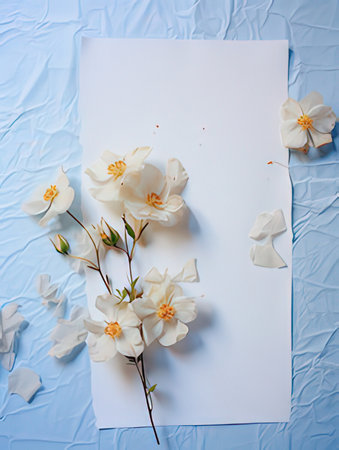 White flowers on a blue background with a white sheet of paper.の素材