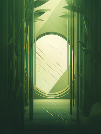 Green Bamboo Forest and Doorway with Light Rays. 3D Renderの素材
