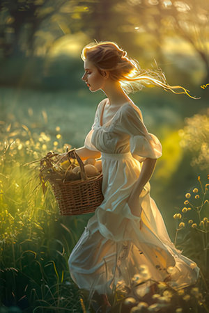 Beautiful young woman with basket of eggs in the field at sunsetの素材