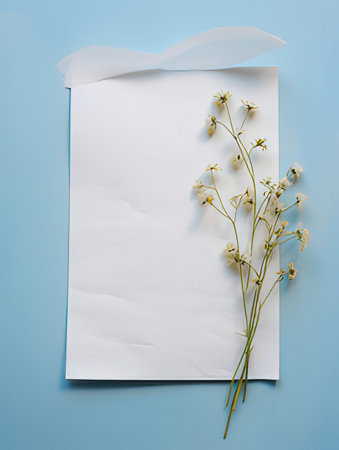 White sheet of paper and flowers on a blue background. Place for text.の素材