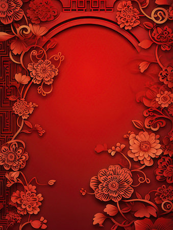 Paper cut chinese new year background with red paper cut flowers and floral elementsの素材