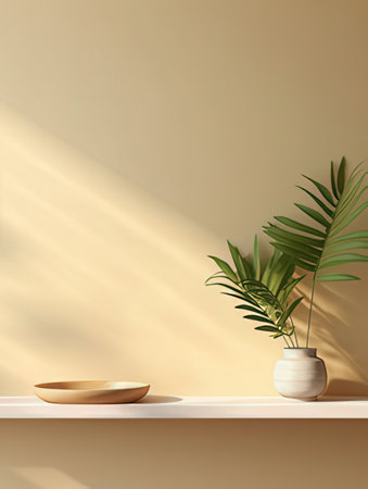 3d render of beige wall with vase and palm leafの素材