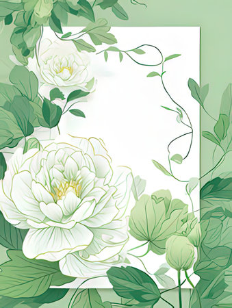 Floral background with white peony flowers and green leaves. Vector illustration.の素材