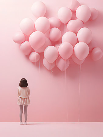 Young woman standing in front of pink balloons. 3D Renderingの素材