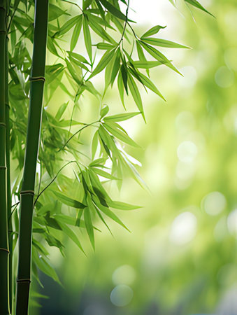 Bamboo forest with green leaves and bokeh in the backgroundの素材