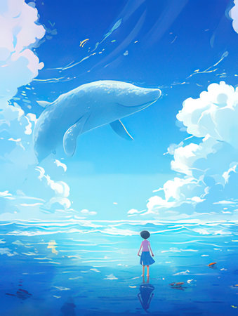 Illustration of a girl and a whale in the ocean with cloudsの素材