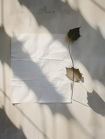 white sheet of paper and dry leaves on the wall in the sunlightの素材