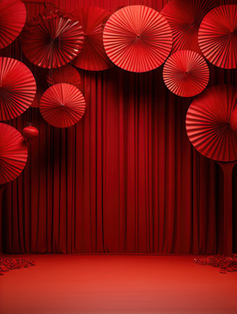 Red curtain with red paper fans for the opening ceremony. Vector illustrationの素材