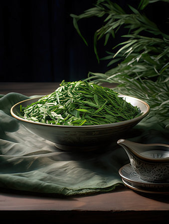 Bowl with fresh green chard on wooden table. Selective focusの素材