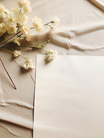 Wedding invitation mockup with white flowers on beige backgroundの素材