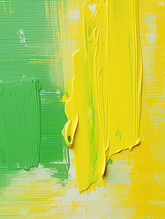 abstract brush strokes of yellow and green paint on a white backgroundの素材