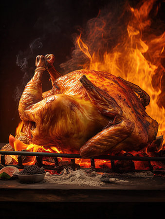Whole roasted chicken on a grill with flames on a dark backgroundの素材