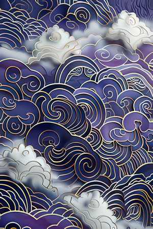 Seamless pattern with clouds and waves. Hand drawn watercolor illustration.の素材