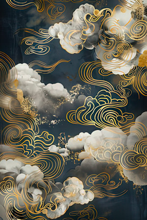 Abstract background with clouds and golden swirls. 3D illustration.の素材