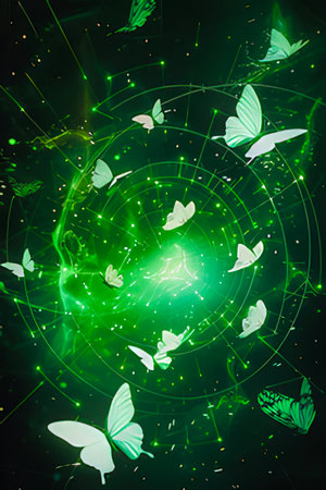 abstract green background with butterflies and space for text, 3d renderの素材