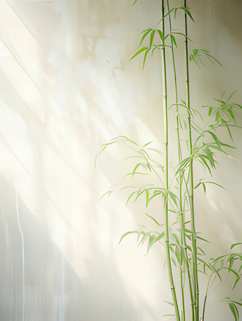 Bamboo leaves on the wall in a room with sunlight and shadowの素材
