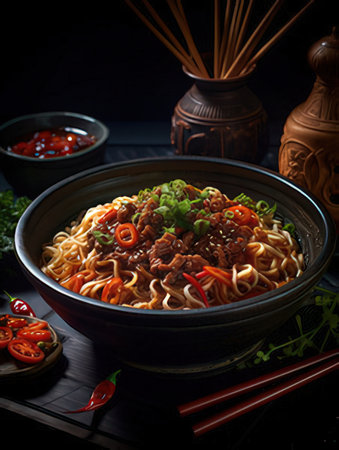 chinese noodles with beef and vegetables on a dark background. tinting. selective focusの素材