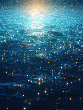 Blue sea surface with waves and stars. 3d render illustration.の素材