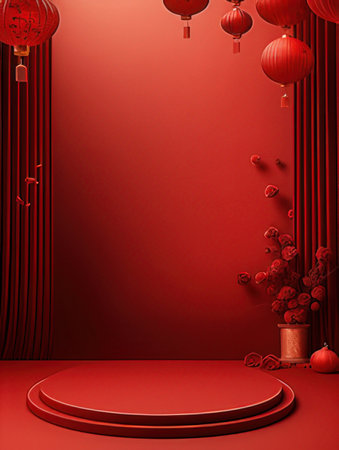 Podium and red curtain for Chinese new year celebration,3d renderの素材