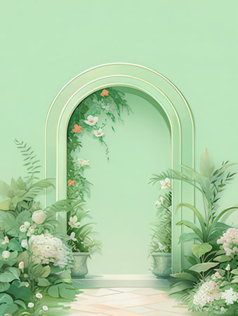 3d render of arch with flowers on a green wall background.の素材