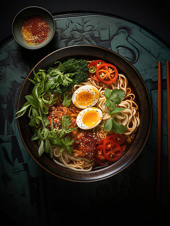 Ramen noodles with kimchi, egg and vegetables on dark backgroundの素材